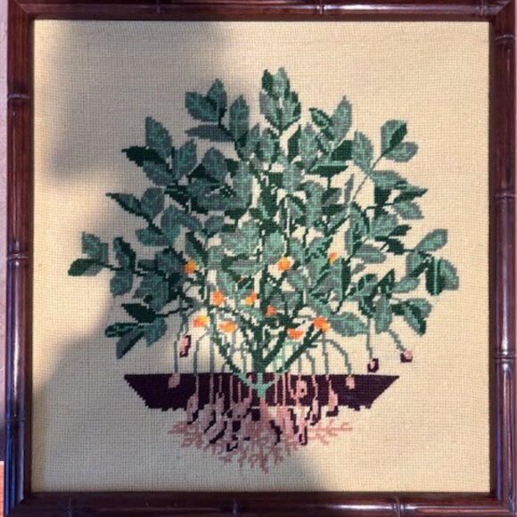 Vintage 1970s Tree with Roots Needlepoint by Kay Hill with Custom Bamboo Frame - Picture 3 of 7